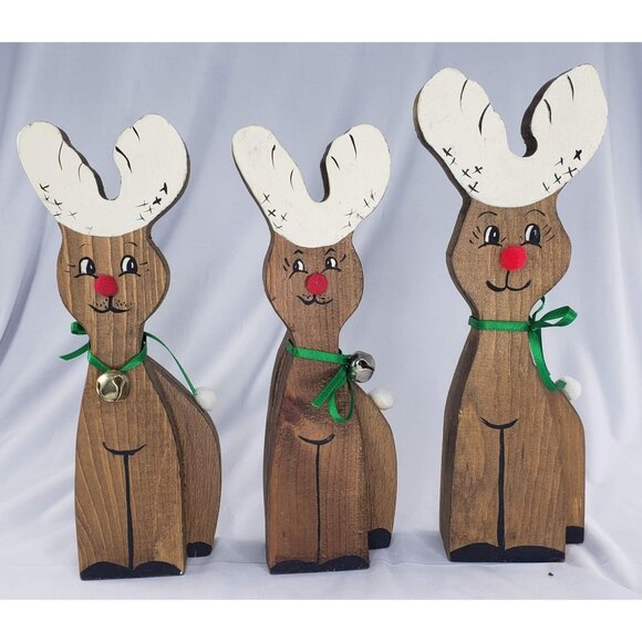 Vintage Christmas Wooden Reindeer Rudolph Family Set Jingle Bell Collar - Picture 1 of 5